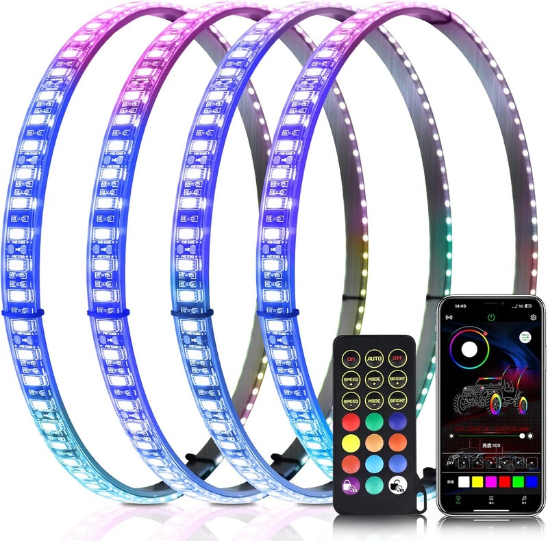 Tavaray 4PCS 14" RGB LED Wheel Ring Lights with APP & Remote Control, 178+DIY Dynamic Modes w/Turn Signal Braking and Reverse Function, IP67 Waterproof Wheel Lights for Trucks Pickups Cars Offroad - Image 1